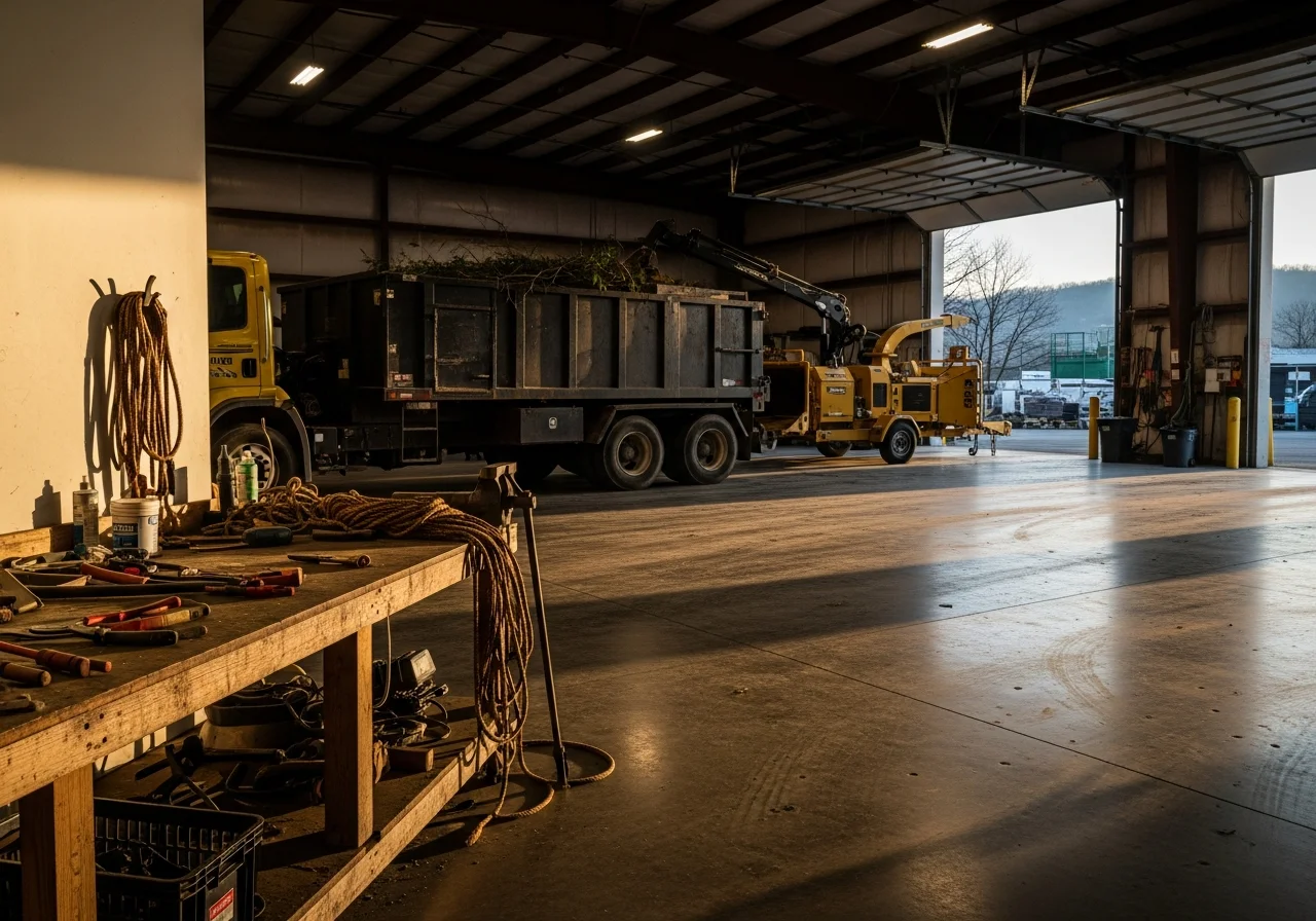 Professional crew with junk removal equipment and tree service tools ready for work.