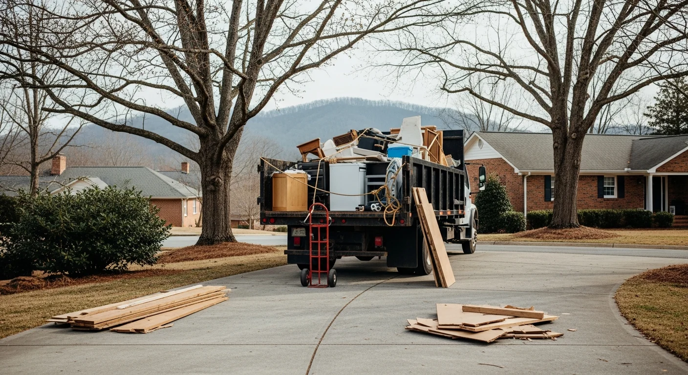 Junk removal truck loading debris from residential property