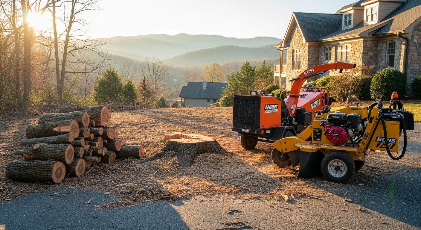 Tree removal service with crew and equipment at residential property