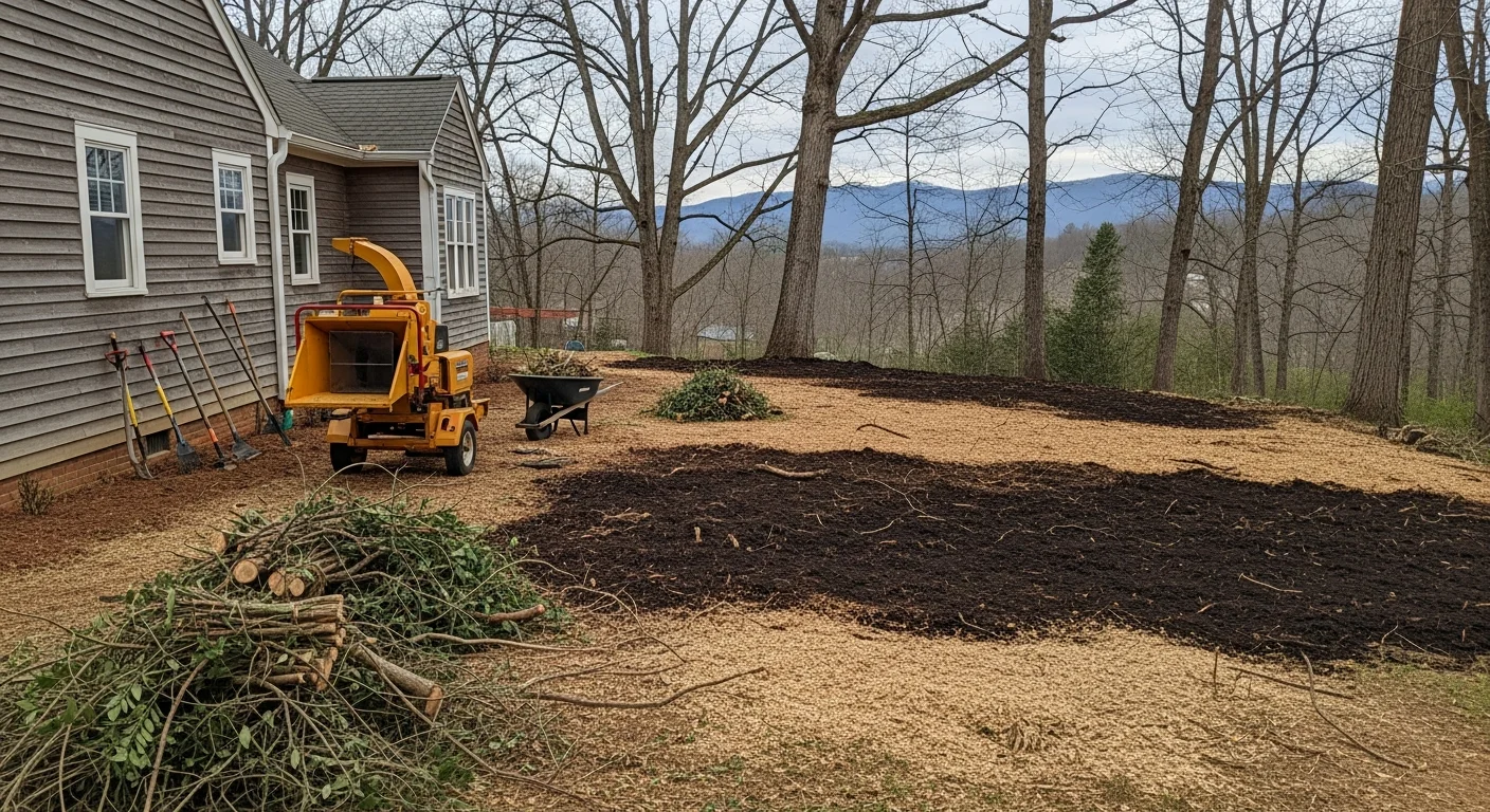 Yard cleanup crew clearing overgrown vegetation from residential property