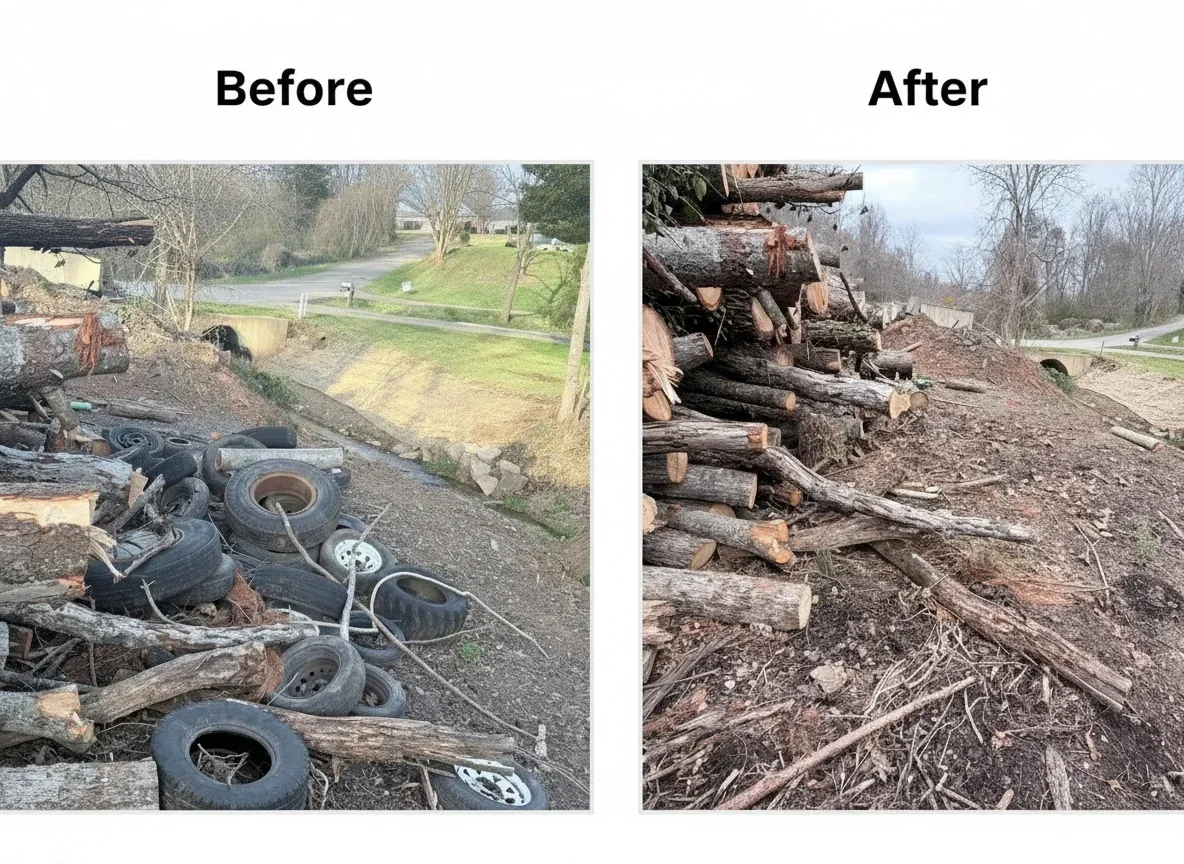 Before and after comparison of residential junk removal clearing tires and debris