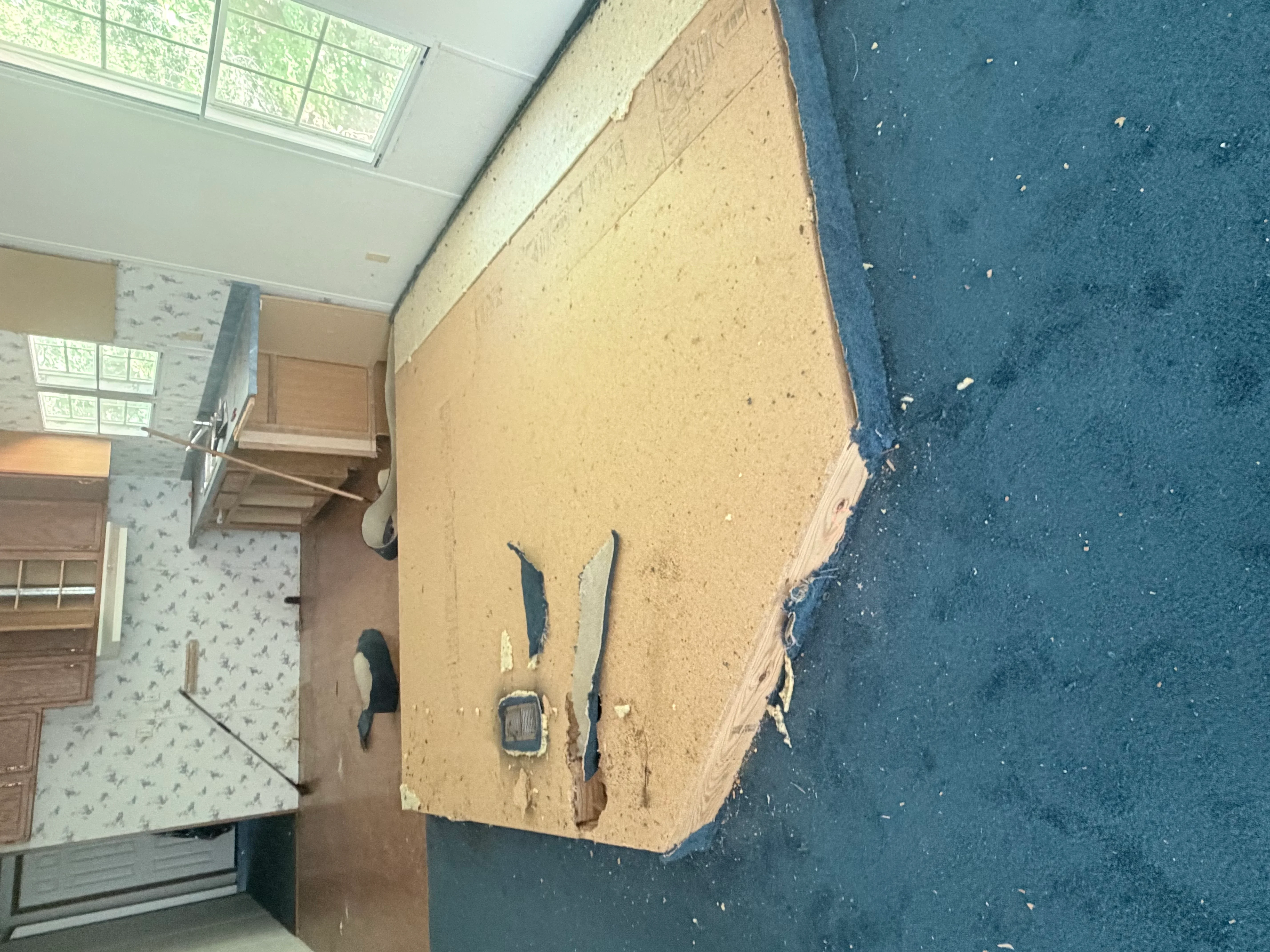 Interior room with removed flooring materials and debris ready for hauling