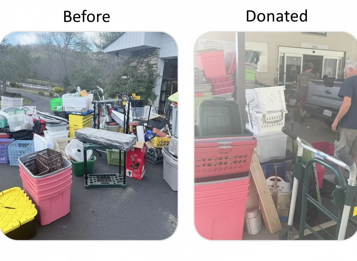 Before and after junk removal showing cluttered driveway transformed to organized space with pink bins