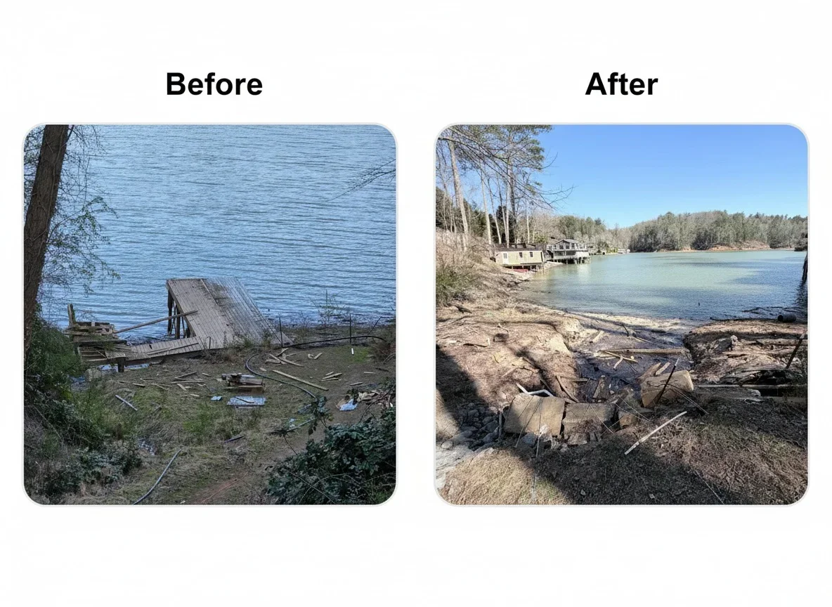 Before and after waterfront junk removal showing cleared lakeside property in Asheville