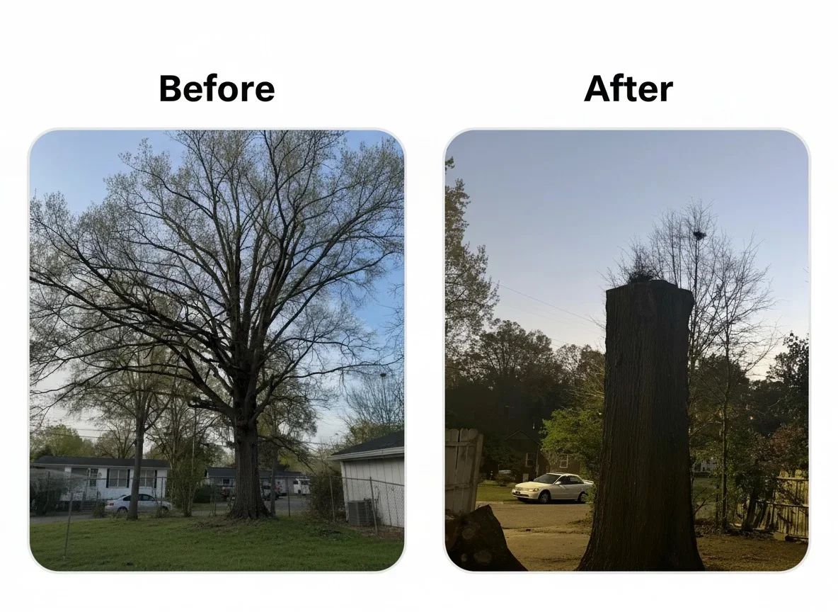 Before and after comparison of dead tree removal from residential yard in Asheville