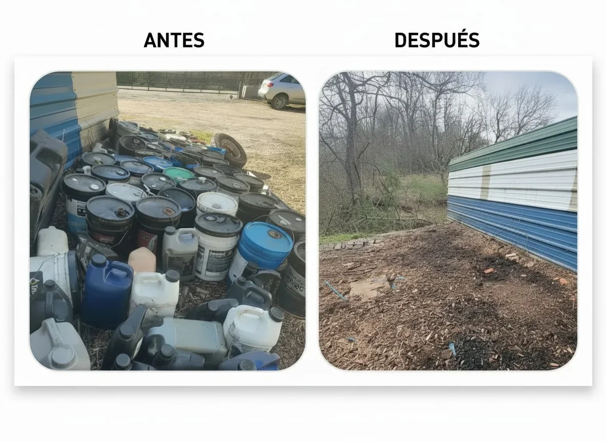 Before and after junk removal showing cluttered yard transformed to cleared ground
