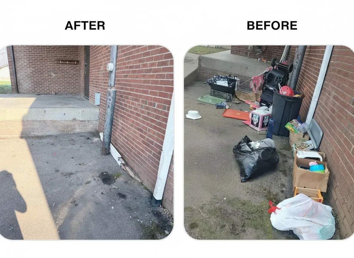 Before and after junk removal from residential side yard in Asheville