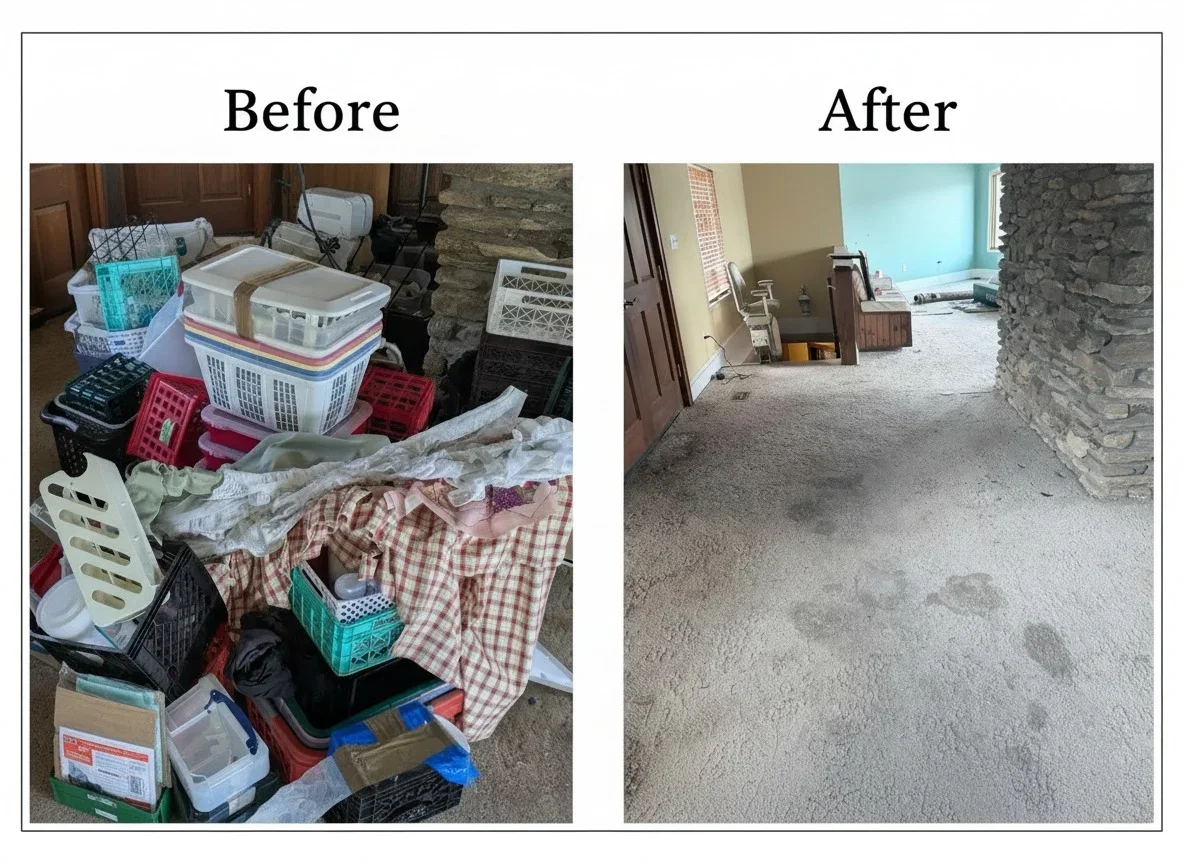 Before and after basement junk removal showing cluttered space transformed to clean floor