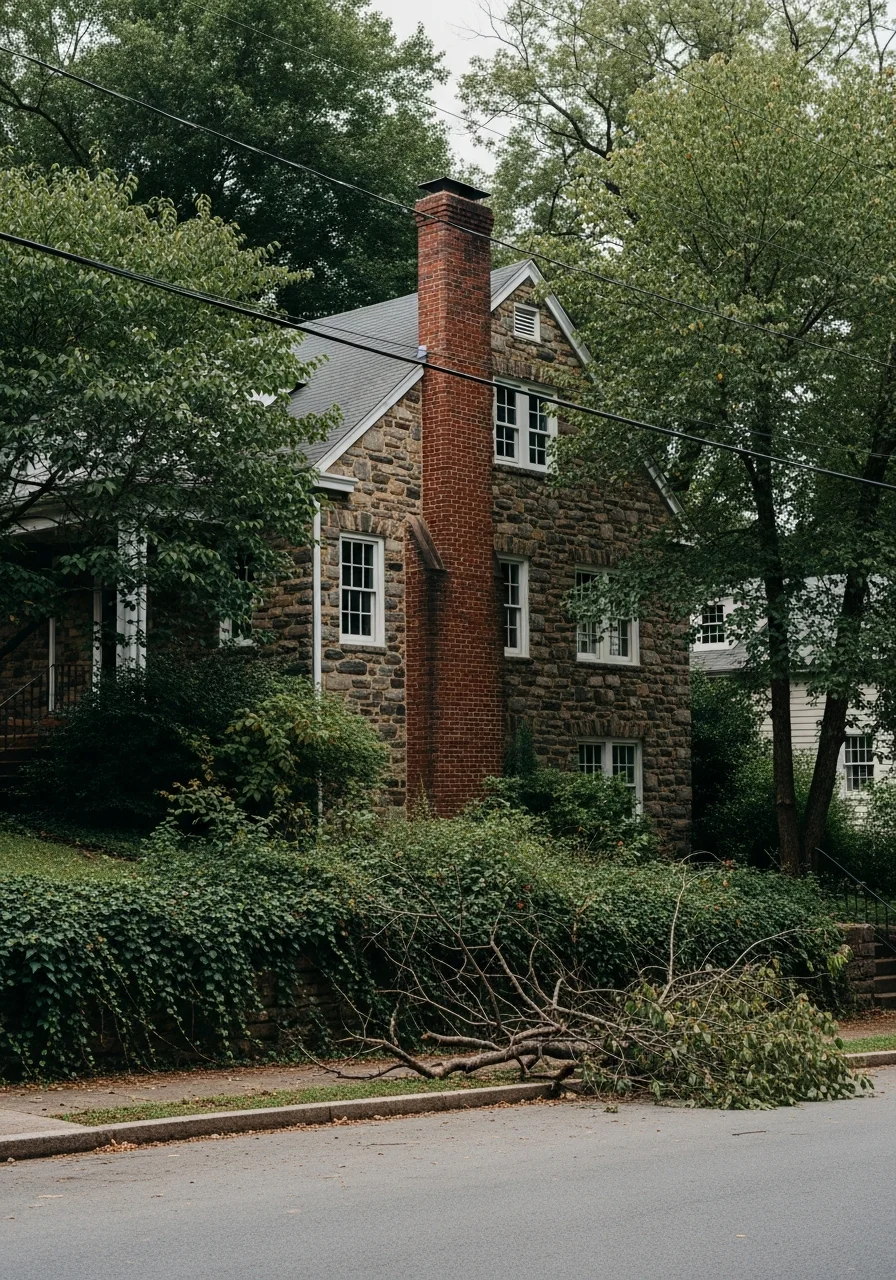 Mountain home exterior with mature trees and stone foundation in Asheville neighborhood.
