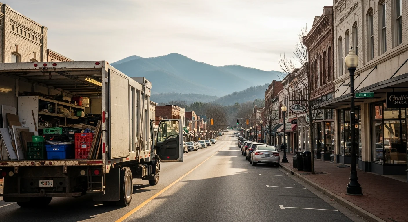 Historic Asheville downtown street lined with Art Deco buildings and mountain backdrop.