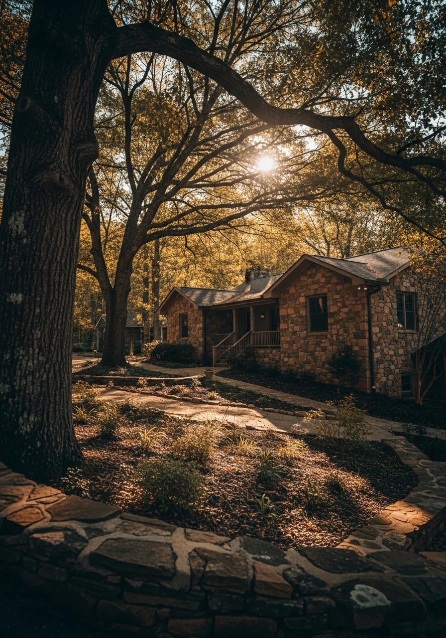 Residential home with natural stone and outdoor living space in Brevard setting.