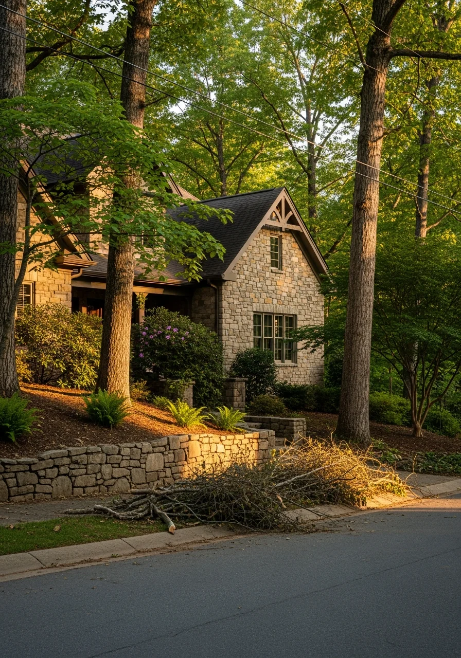 Mountain home with stone features and mature landscaping in Waynesville area.