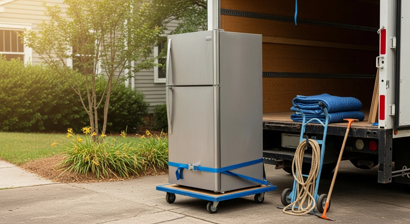 A worn stainless steel refrigerator being carried out through the front doorway of an older craftsman-style home in Asheville, North Carolina. A BlueRich Junk and Tree Services truck is parked in the driveway ready for loading.