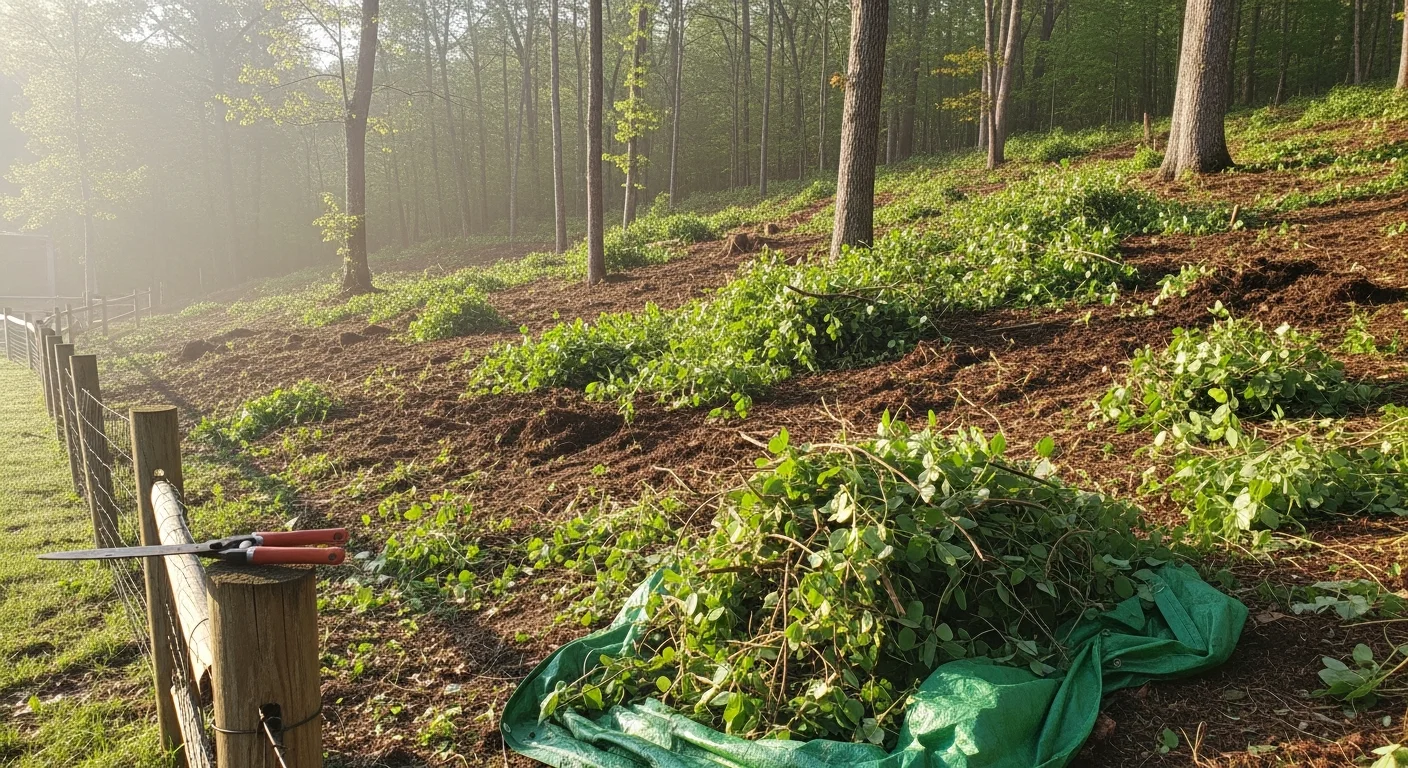 A cleared residential backyard in Asheville, North Carolina, showing cut brush and removed invasive vines piled for hauling. The surrounding trees and desired plants remain intact after a yard cleanup service.