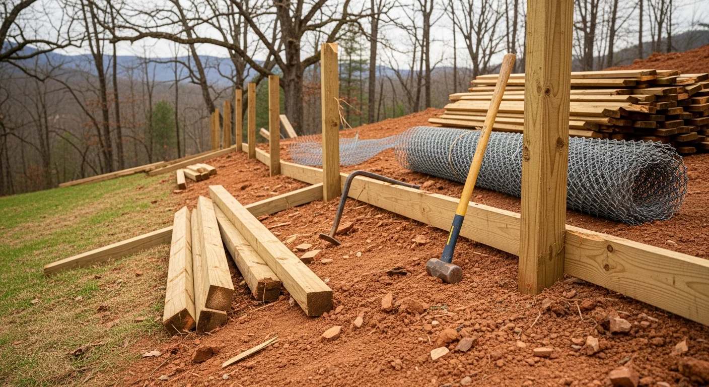 Old wooden privacy fence being removed from a sloped residential backyard in Asheville, NC, with posts pulled and panels stacked for hauling. Cleared yard visible behind the removed fence line.