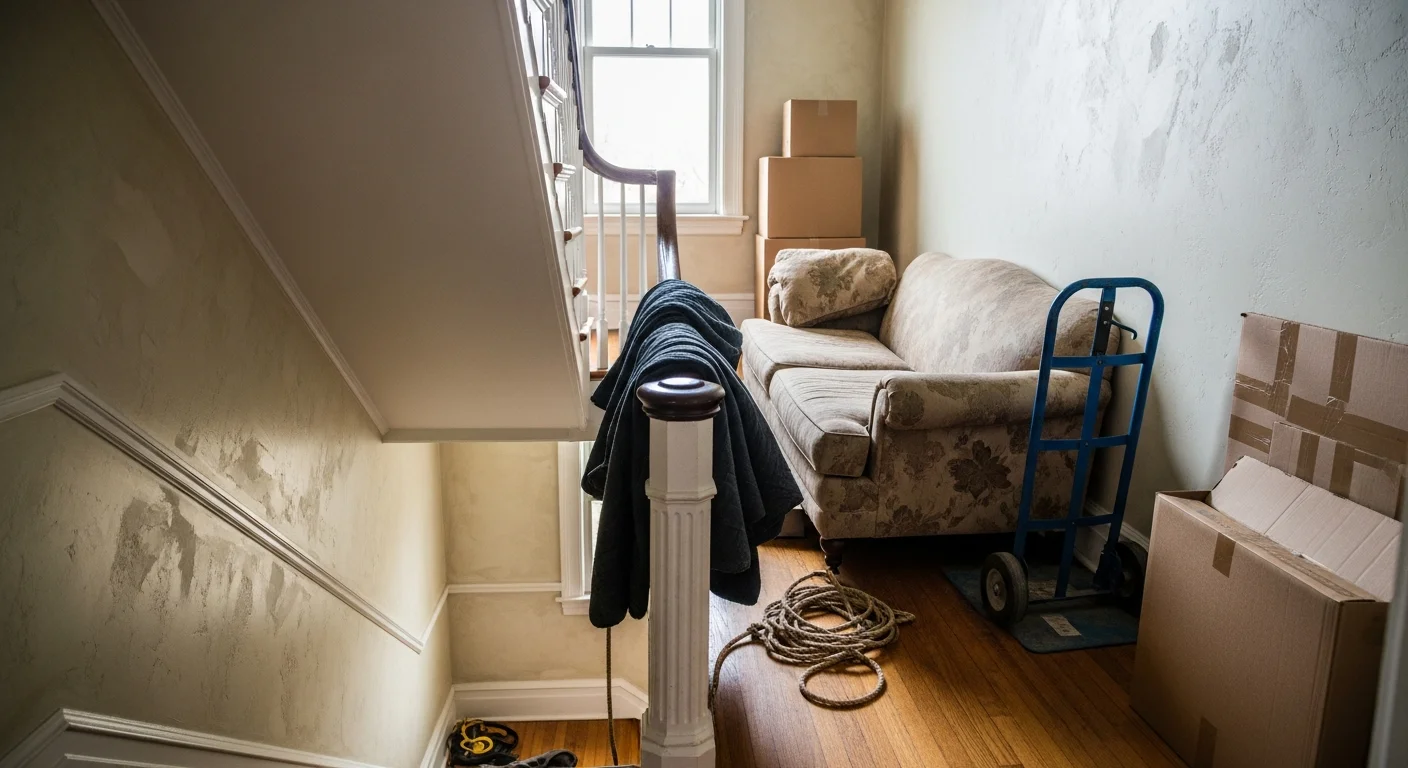 A worn sofa and wooden dresser staged near the front door of an Asheville craftsman bungalow, ready for removal by a junk removal crew. The narrow hallway behind the items shows the tight interior access common in older Asheville homes.