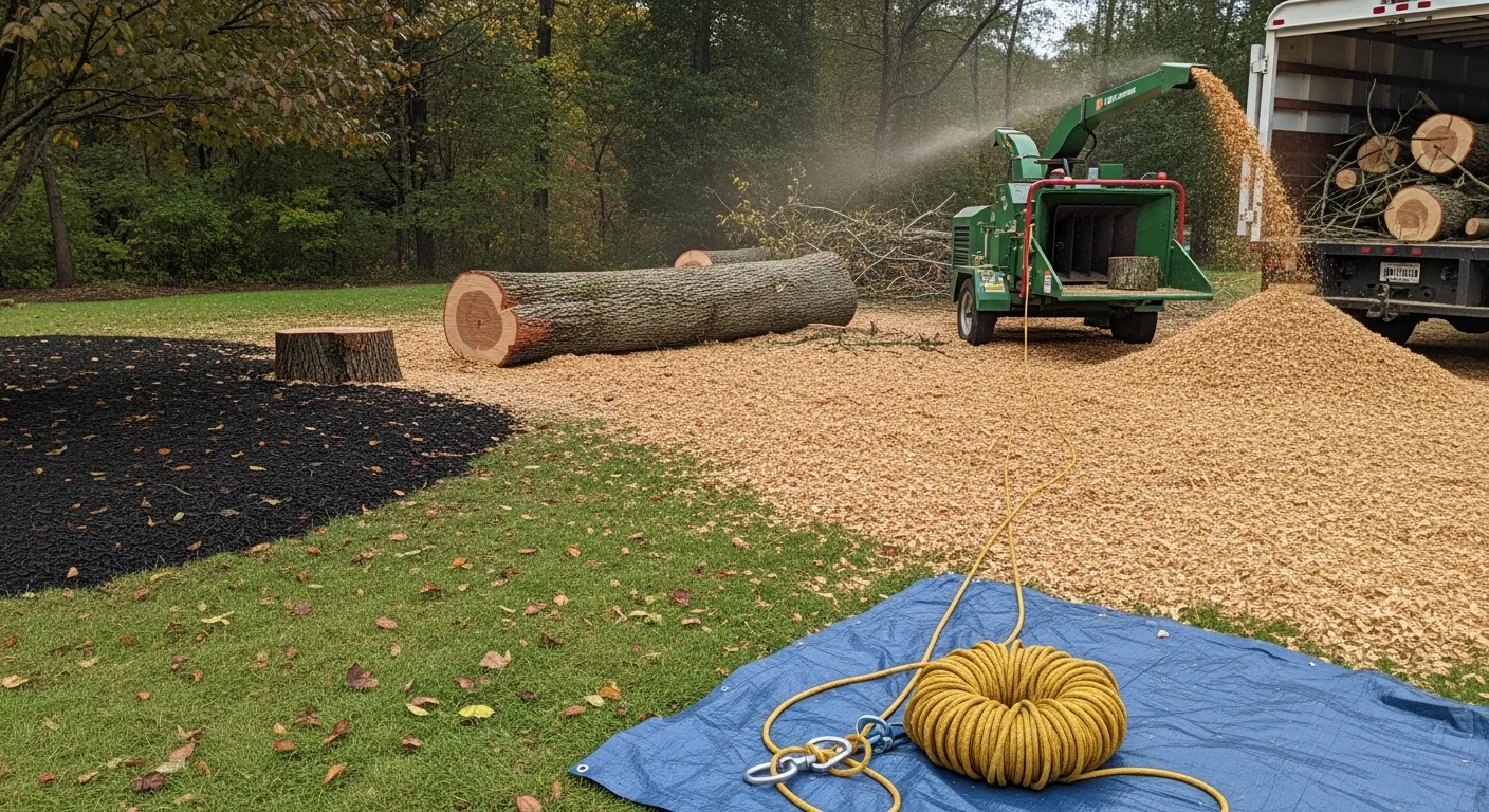 A large hazardous tree being removed in sections in a residential Asheville backyard, with a crew member on the ground guiding cut limbs away from the home. The cleared yard shows the Blue Ridge Mountain terrain typical of Asheville properties.