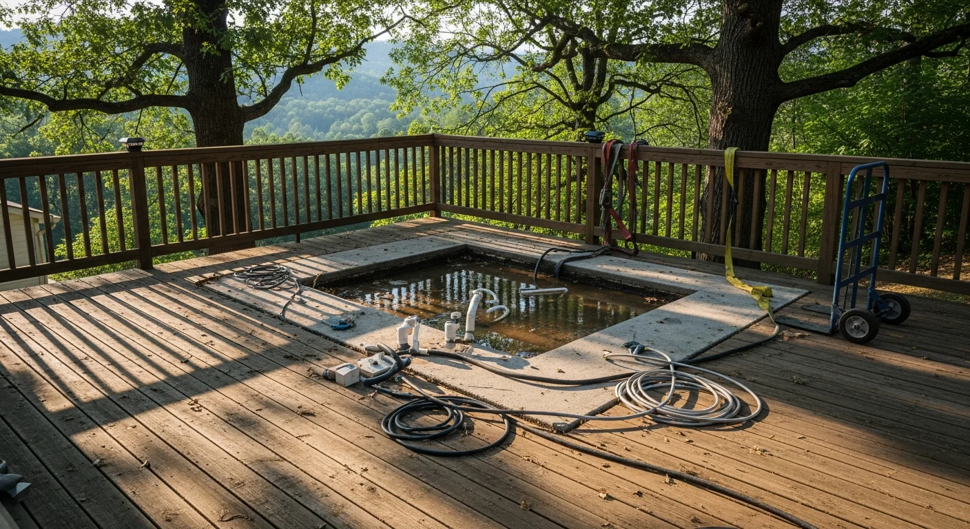 A disassembled hot tub being loaded onto a truck in the backyard of a residential property in Asheville, North Carolina. The deck area is cleared of debris after removal.