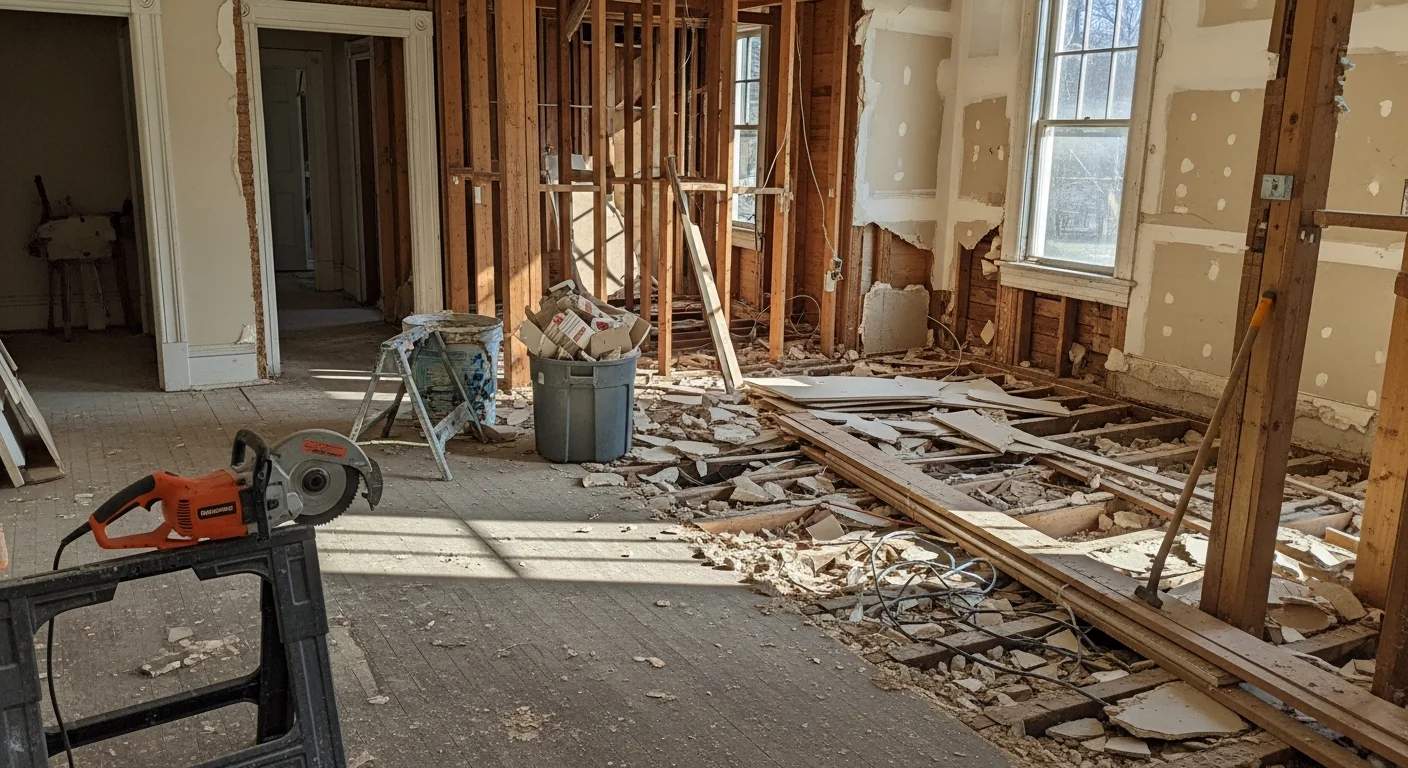 Interior of an Asheville home mid-demolition with walls stripped, flooring removed, and debris staged for hauling. A cleared residential space ready for renovation after interior demolition by BlueRich Junk and Tree Services.