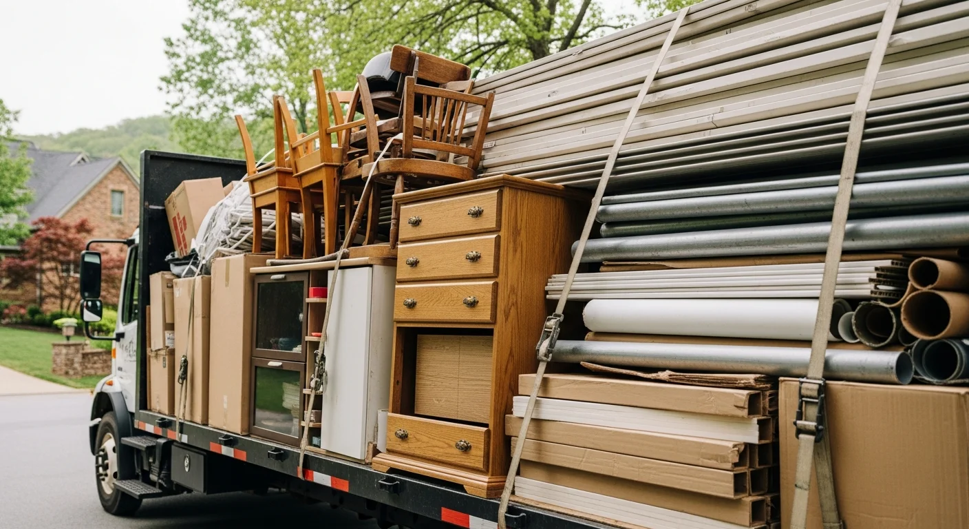 A cleared Asheville residential garage with empty floor space after junk removal, showing hauled-away furniture and yard debris loaded into a truck in the driveway.
