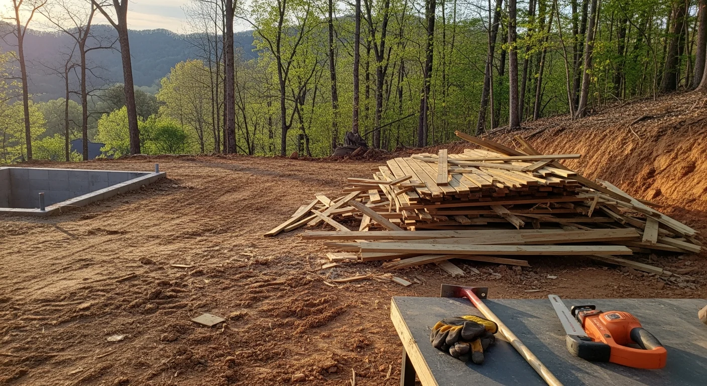 A cleared residential backyard in Asheville, NC after a wooden shed and old deck were torn down and all debris hauled away. The sloped lot is open and free of structural materials, ready for the homeowner's next project.