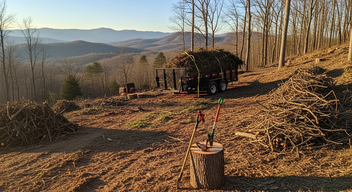 A cleared residential yard in Asheville, NC showing bare ground and open space where dense brush and overgrown vegetation have been fully removed. Piles of cut limbs and debris are loaded into a truck ready for haul-off.