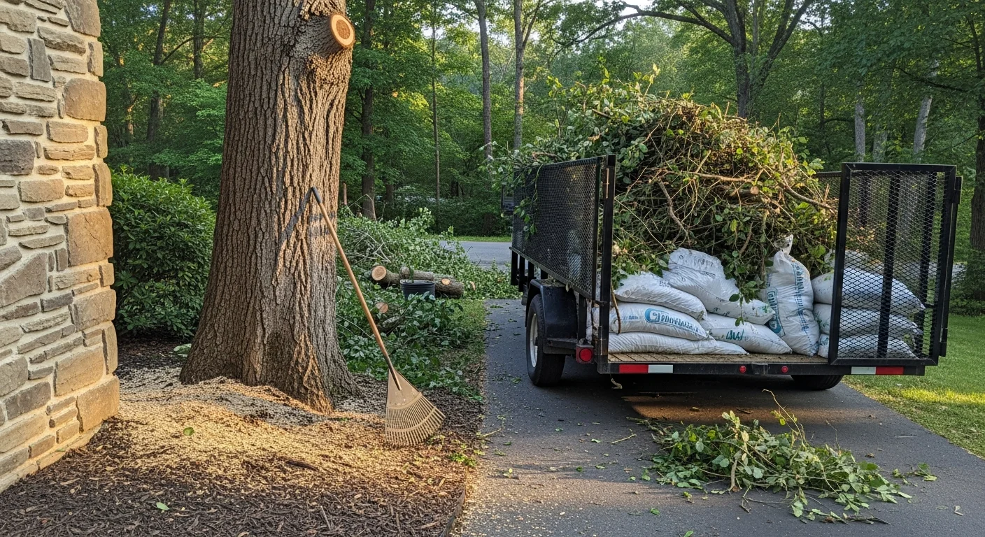 A cleared residential yard in Asheville, North Carolina with piles of branches, leaves, and brush loaded onto a hauling truck. The property shows open lawn space after a full property cleanup service.