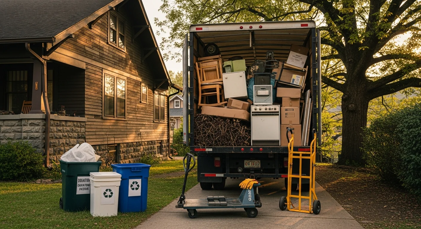 A cleared residential garage in Asheville, North Carolina with empty floor space after a full junk removal cleanout. Old furniture and appliance piles have been removed, leaving the area clean and open.