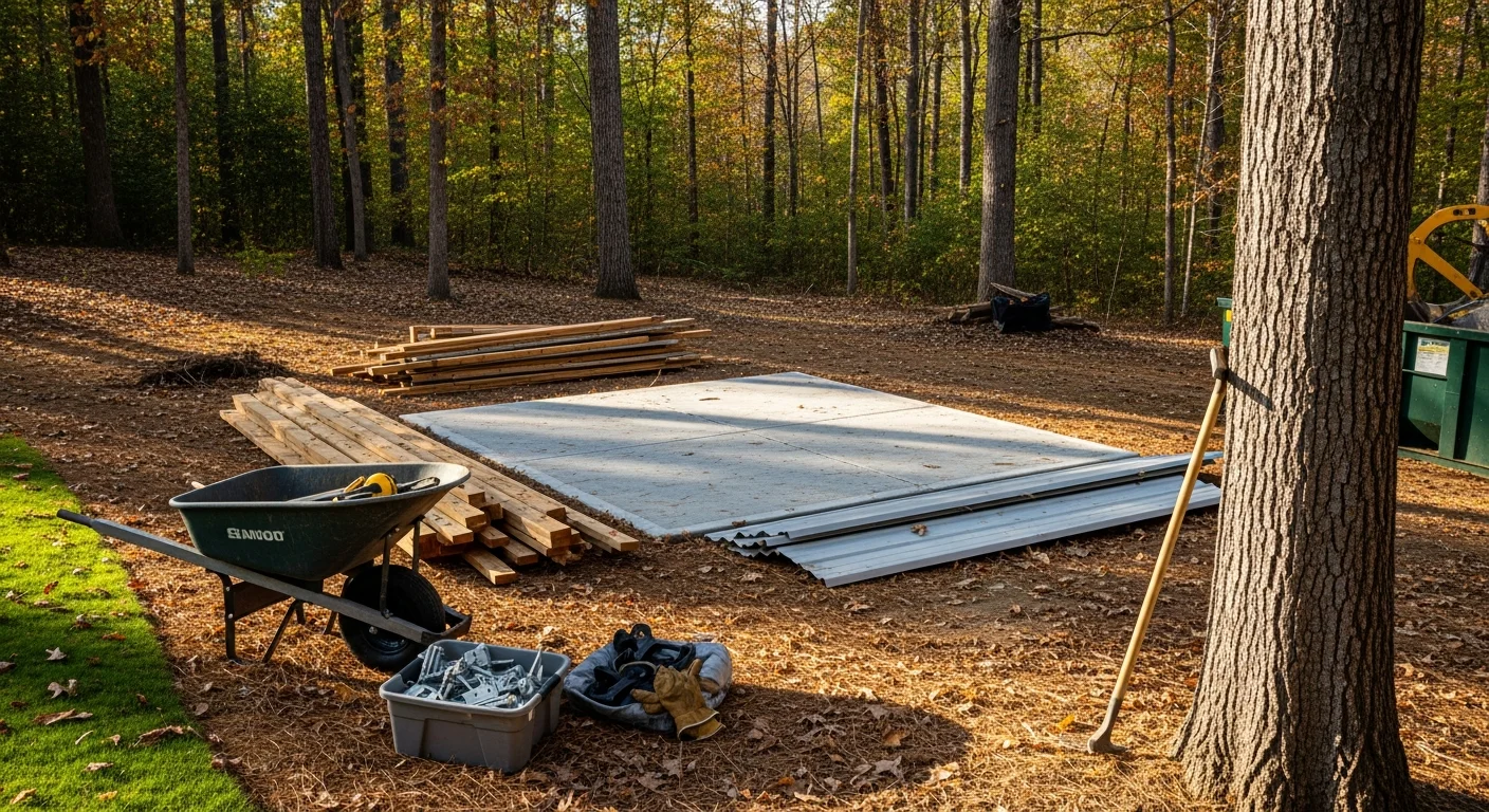 A cleared backyard in Asheville, NC where an old wooden storage shed has been fully removed, leaving a flat and debris-free ground. A BlueRich Junk and Tree Services truck is visible in the background with shed materials loaded in the bed.