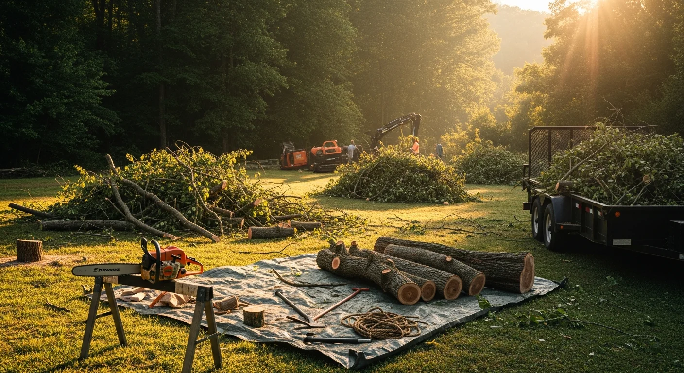 A cleared Asheville residential yard after storm debris removal, with cut hardwood sections and brush piles removed and the lawn and driveway fully accessible. A BlueRich Junk and Tree Services truck is visible in the background near the property.