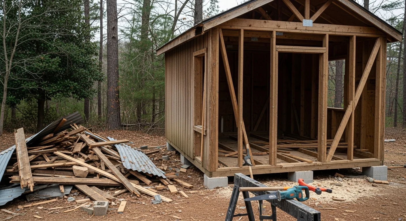 A cleared residential lot in Asheville, NC after a wood-frame shed was fully removed, with bare ground visible and no debris remaining. BlueRich Junk and Tree Services structure removal result in Buncombe County.