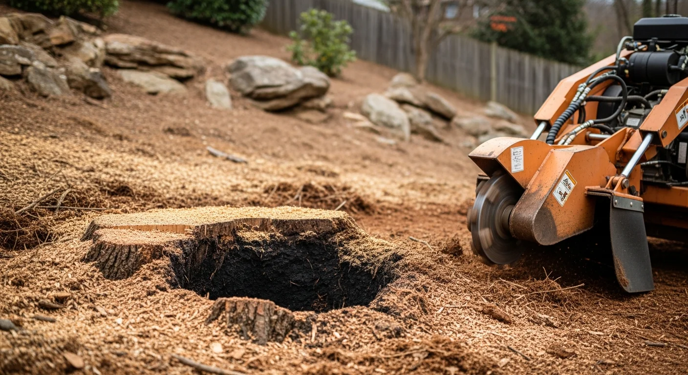 A freshly ground tree stump in an Asheville residential yard, with wood chips filling the hole and the surrounding lawn visible on sloped terrain. The cleared area shows no visible stump remaining above the soil line.