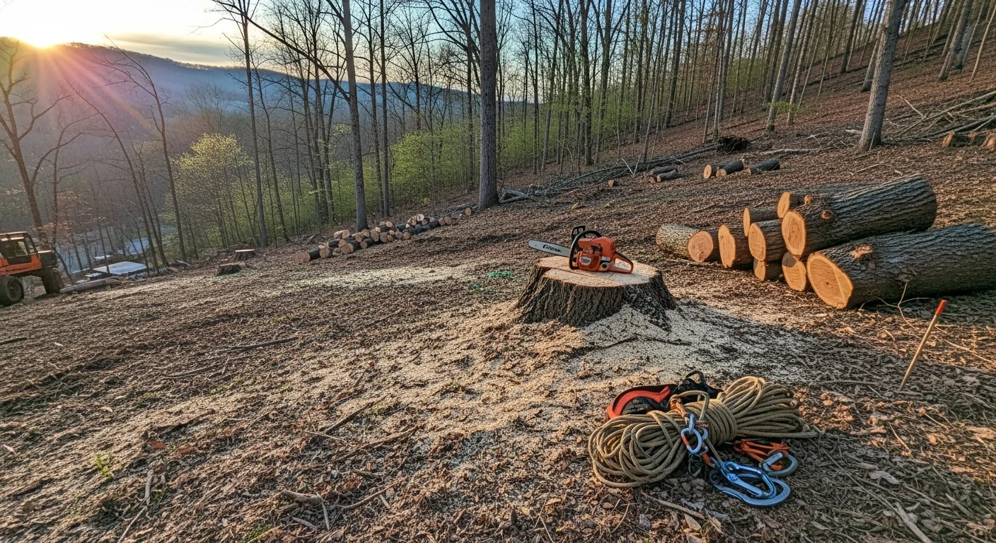 A large dead oak tree being sectioned and removed from a residential yard in Asheville, NC, with cut logs stacked on the ground and debris cleared from the surrounding lawn.