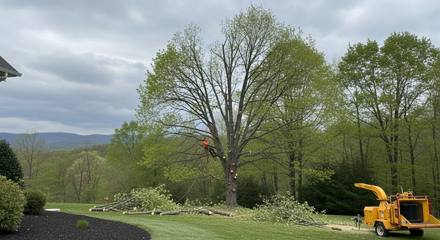 A tree trimmer removing large overhanging branches from a mature oak tree next to a residential home in Asheville, North Carolina. Cut branches and debris are visible on the ground below the trimmed canopy.