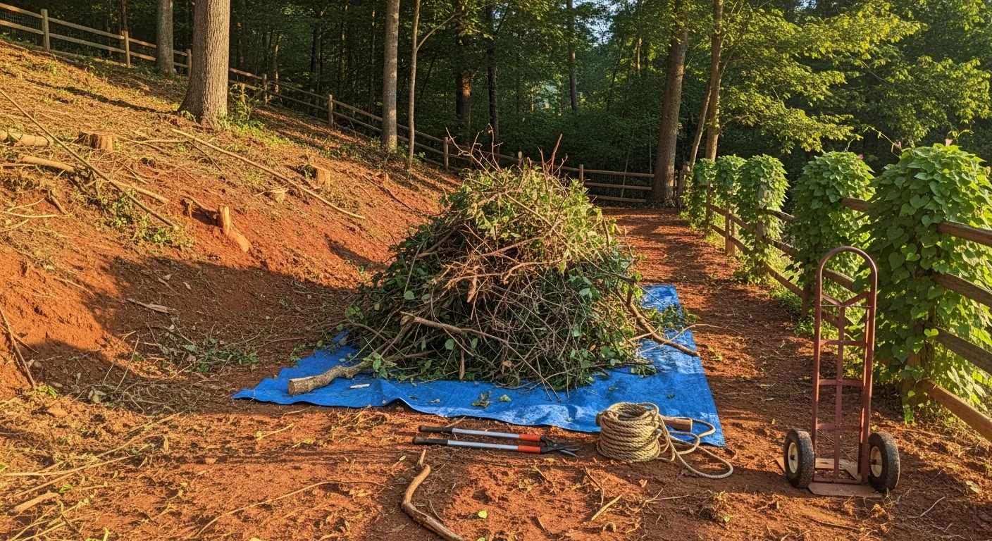 An Asheville residential yard after vegetation removal, showing cleared ground and open space where dense brush and invasive vines previously covered the area. A pile of cut vegetation sits at the edge of the property, ready for haul-away.