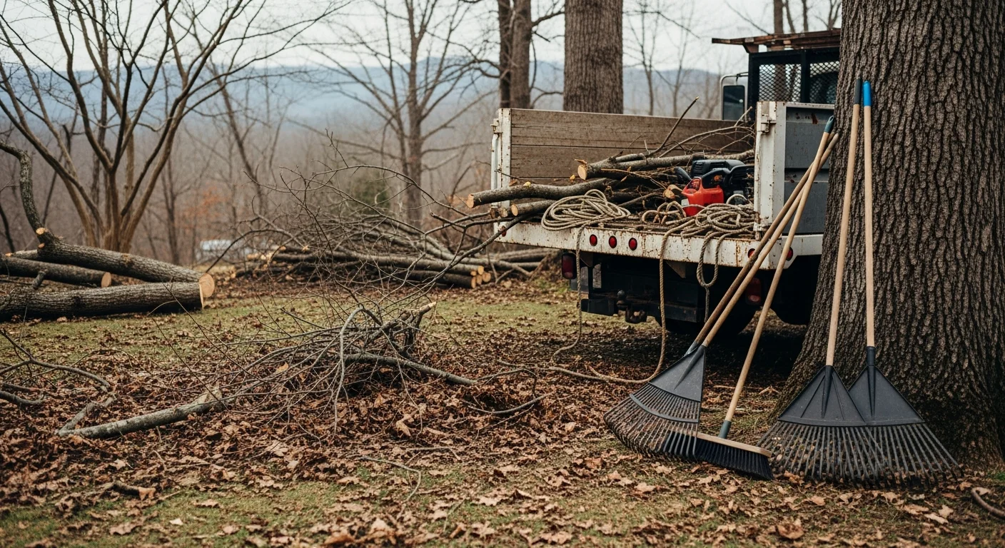 A cleared residential backyard in Asheville, North Carolina with leaf piles, fallen branches, and brush loaded into a hauling truck. The lawn and planting beds are visible and free of debris after a full yard cleanup service.